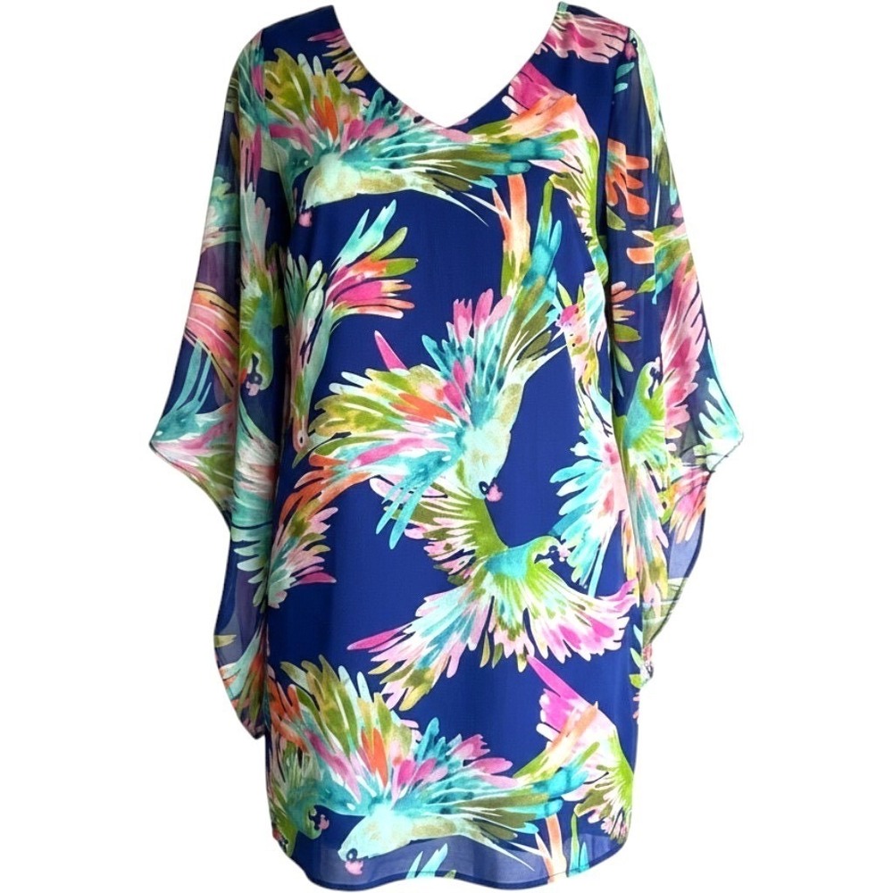 Pink Owl Parrot Chiffon Angel Sleeve Tropical Resortwear Kimono Dress Womens M
